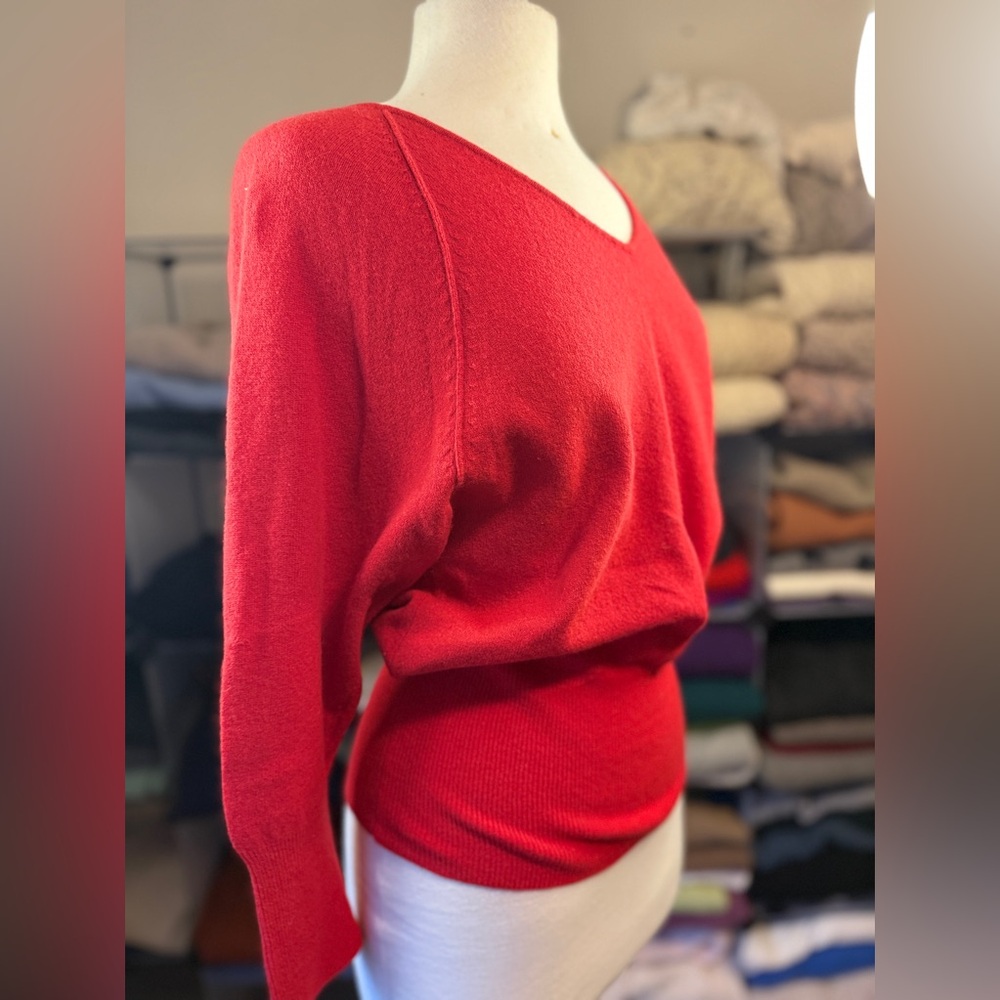 Wool/Angora/Nylon Blend Women’s V with Button Accent, Red, S, Neil Martin
